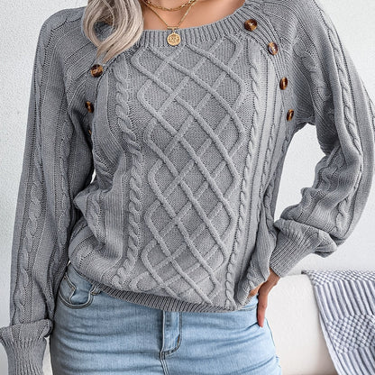[Texture Lantern Sleeve Sweater] Round Neck Texture Lantern Sleeve Women's Sweater - Button Sweater