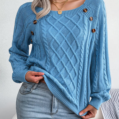 [Texture Lantern Sleeve Sweater] Round Neck Texture Lantern Sleeve Women's Sweater - Button Sweater