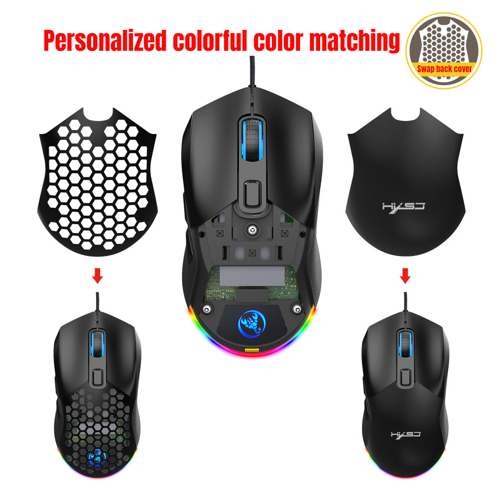HXSJ New USB Wired Game Mouse RGB Backlit Braid 7200DPI Adjustable Back Cover Replaceable Home Optical Mouse
