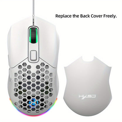 HXSJ New USB Wired Game Mouse RGB Backlit Braid 7200DPI Adjustable Back Cover Replaceable Home Optical Mouse
