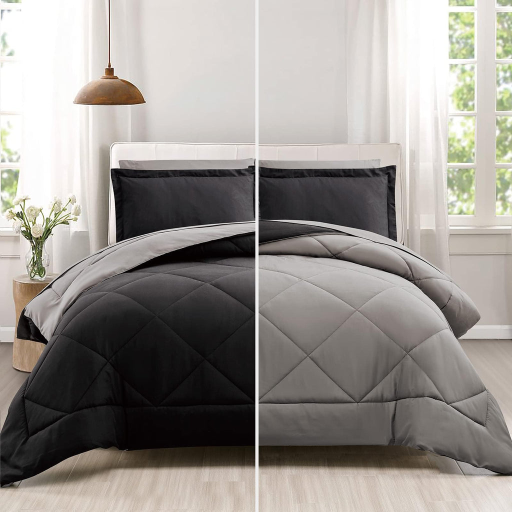 Furnishh Queen Bed in a Bag — 7-Piece Reversible Luxury Comforter Set | Black & Grey