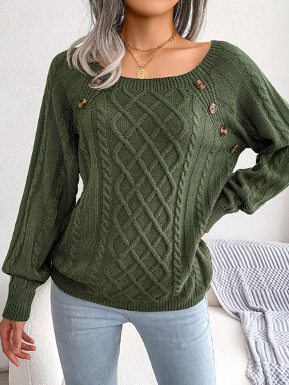 [Texture Lantern Sleeve Sweater] Round Neck Texture Lantern Sleeve Women's Sweater - Button Sweater