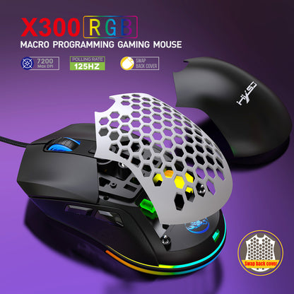 HXSJ New USB Wired Game Mouse RGB Backlit Braid 7200DPI Adjustable Back Cover Replaceable Home Optical Mouse