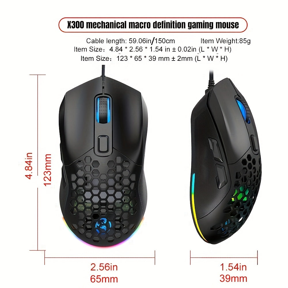 HXSJ New USB Wired Game Mouse RGB Backlit Braid 7200DPI Adjustable Back Cover Replaceable Home Optical Mouse