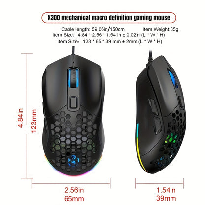 HXSJ New USB Wired Game Mouse RGB Backlit Braid 7200DPI Adjustable Back Cover Replaceable Home Optical Mouse