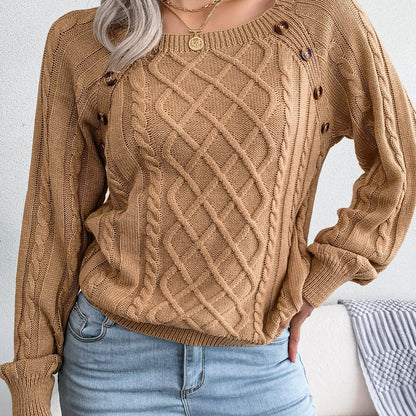 [Texture Lantern Sleeve Sweater] Round Neck Texture Lantern Sleeve Women's Sweater - Button Sweater