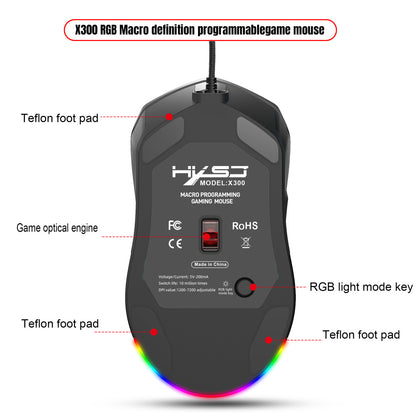 HXSJ New USB Wired Game Mouse RGB Backlit Braid 7200DPI Adjustable Back Cover Replaceable Home Optical Mouse