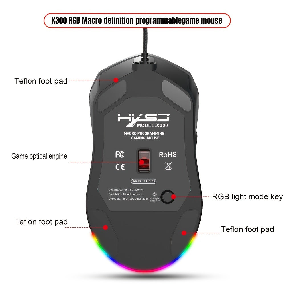 HXSJ New USB Wired Game Mouse RGB Backlit Braid 7200DPI Adjustable Back Cover Replaceable Home Optical Mouse