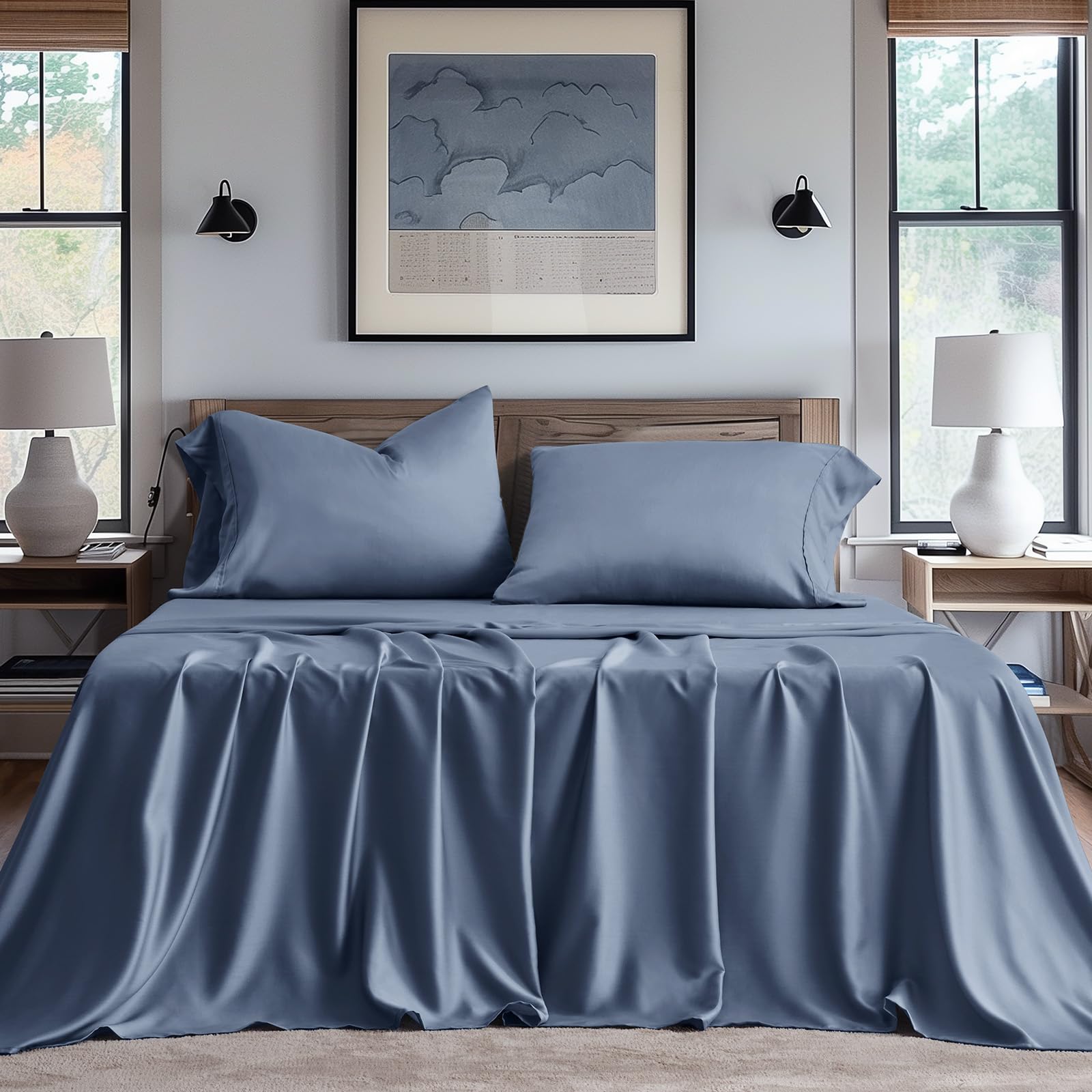 EVERGRACEHOME Queen TENCEL Sheet Set — 4-Piece Cooling Luxury Bedding | Eucalyptus Lyocell | Stormy Blue