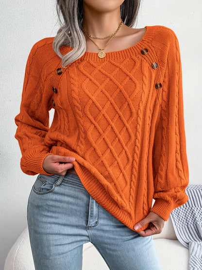 [Texture Lantern Sleeve Sweater] Round Neck Texture Lantern Sleeve Women's Sweater - Button Sweater