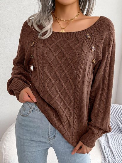 [Texture Lantern Sleeve Sweater] Round Neck Texture Lantern Sleeve Women's Sweater - Button Sweater