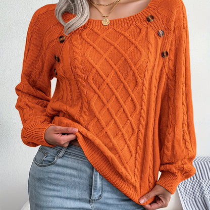 [Texture Lantern Sleeve Sweater] Round Neck Texture Lantern Sleeve Women's Sweater - Button Sweater