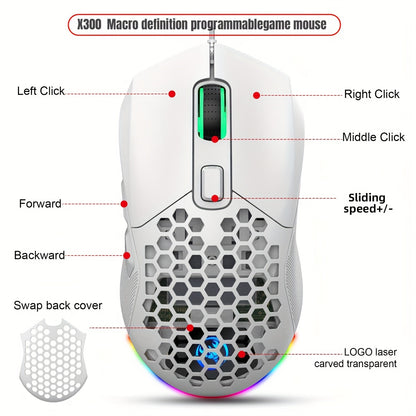 HXSJ New USB Wired Game Mouse RGB Backlit Braid 7200DPI Adjustable Back Cover Replaceable Home Optical Mouse