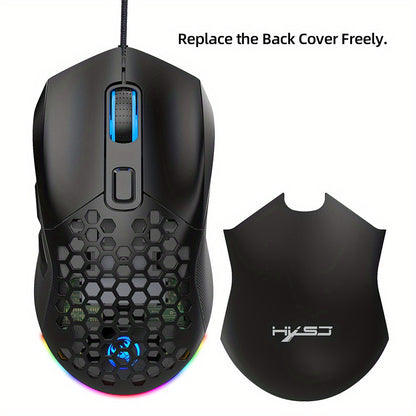 HXSJ New USB Wired Game Mouse RGB Backlit Braid 7200DPI Adjustable Back Cover Replaceable Home Optical Mouse